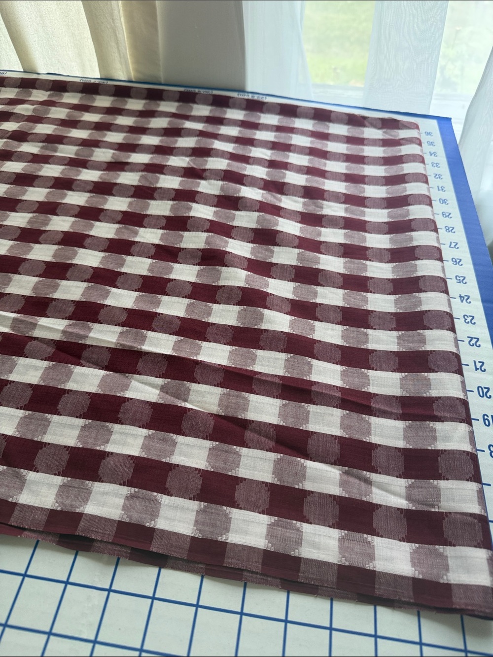 Vintage 60s 70s Burgundy Ivory Woven Check Fabric 5 Yards x 44” - Picture 8 of 13
